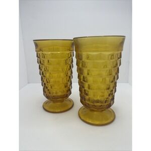 Set of 2 Vintage Indiana Whitehall Colony Cubist Amber 6" Tea‎ Footed Glasses